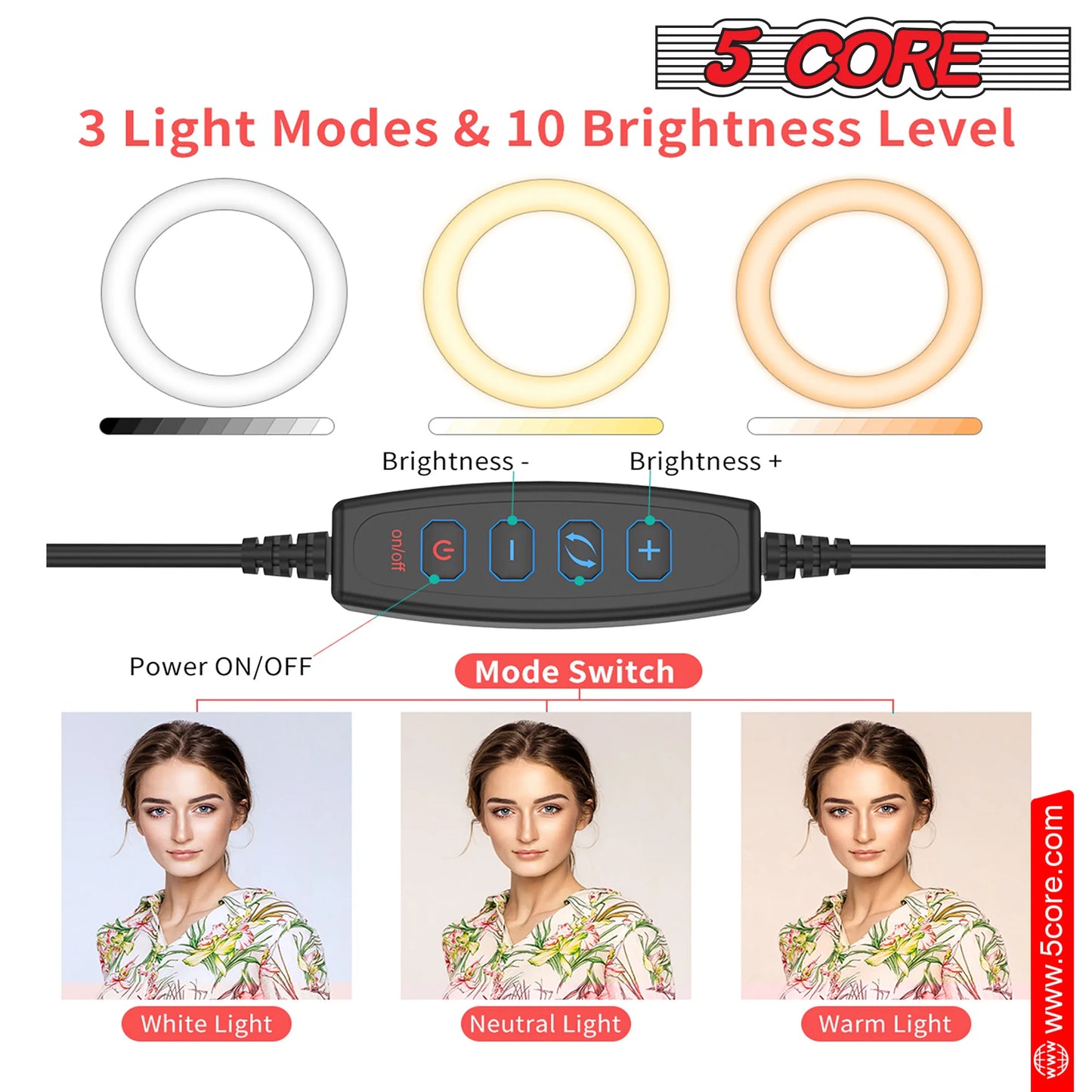 5 Core 10" Selfie Ring Light Stand • with 43" Adjustable Tripod Stand & Phone Holder • 3 Color Mode