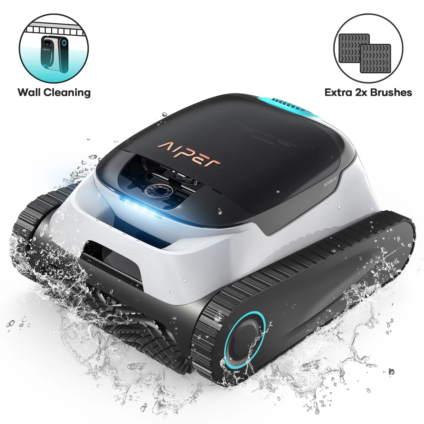 N1 Pool Robot Cordless Robotic Pool Vacuum Cleaner with 2 Extra Replacement Brushes for Inground Pools 110W Suction Power Wall Floor Waterline Cleaning