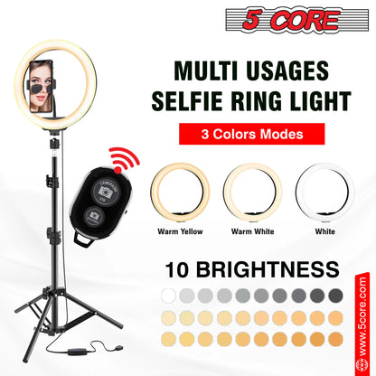 5 Core 10" Selfie Ring Light Stand • with 43" Adjustable Tripod Stand & Phone Holder • 3 Color Mode