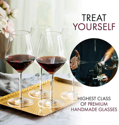 Red Wine Glasses - Set of 4 Hand Blown Large Wine Glasses - Long Stem Wine Glasses, Premium Crystal - 22Oz, Clear