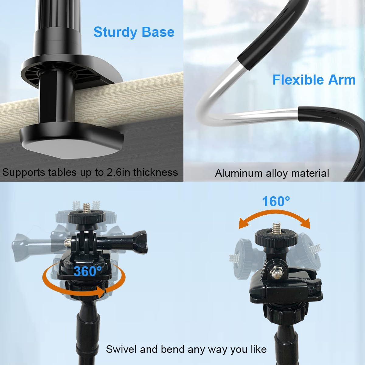 32 Inch Webcam Stand Camera Mount, Upgraded Flexible Gooseneck Stand Desk Mount Clamp for Logitech Webcam C930E C930 C920 C922X C922 Brio 4K C925E C615, Gopro Hero 8 7 6 5 4