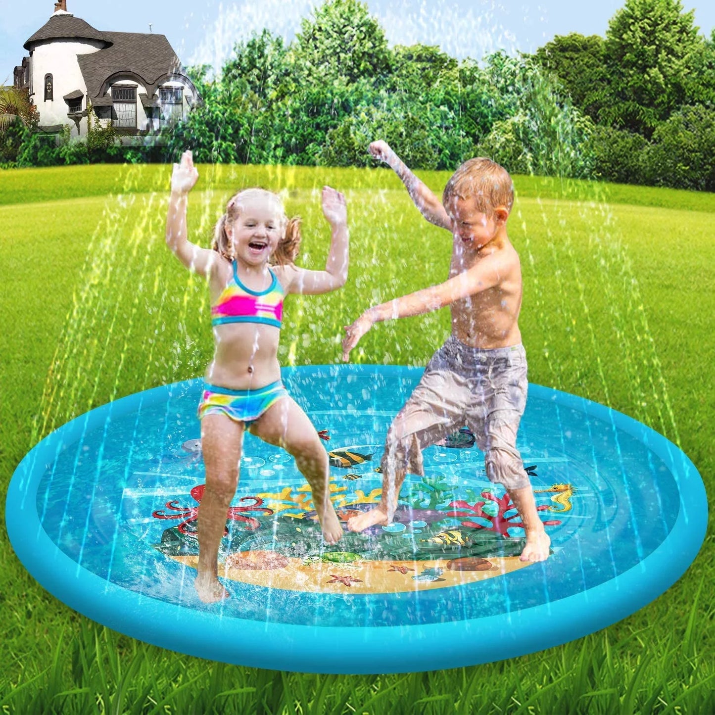 Splash Pad, 68'' Outdoor Swimming Pool Splash Play Pad - Sprinkler Mat Summer Toys for Toddlers