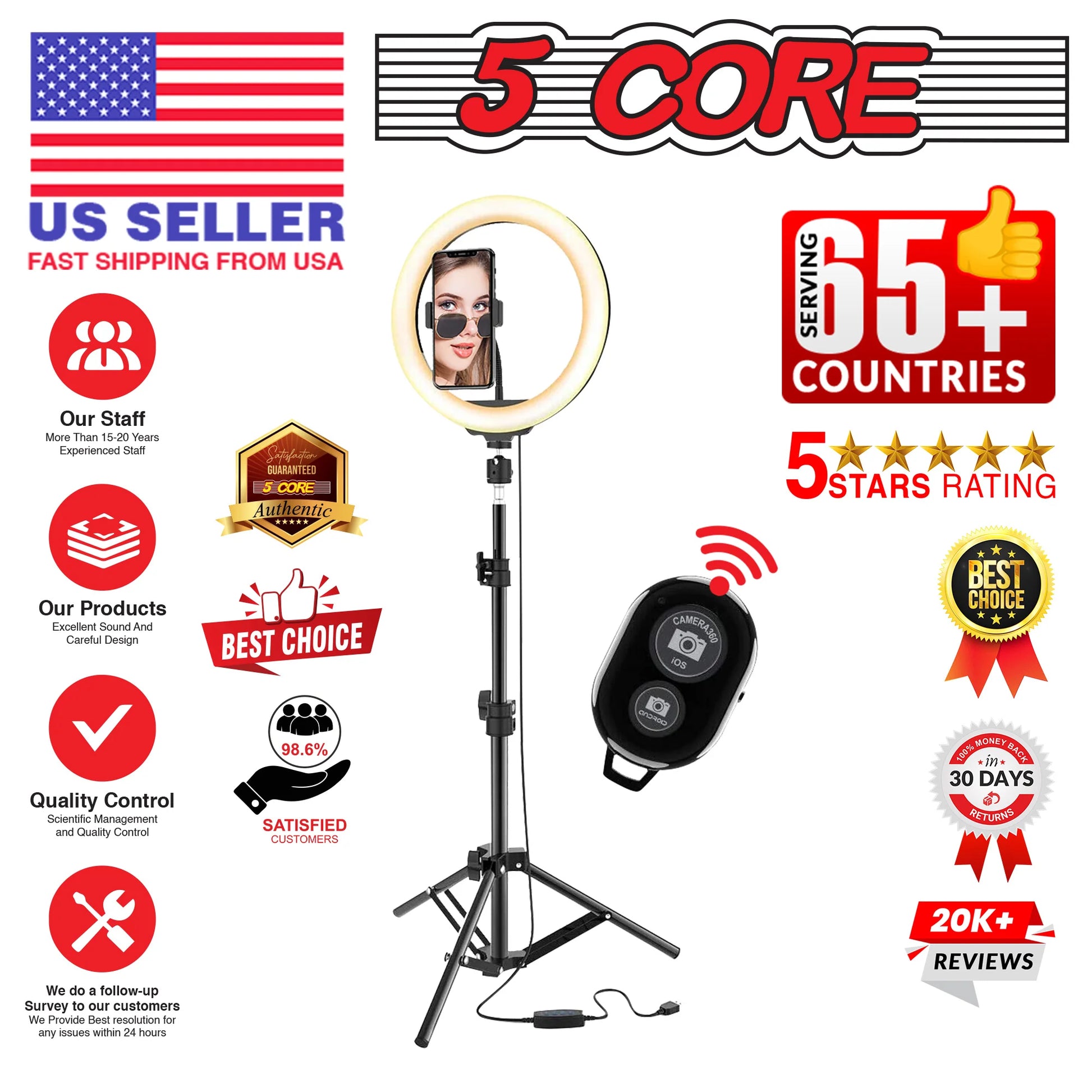 5 Core 10" Selfie Ring Light Stand • with 43" Adjustable Tripod Stand & Phone Holder • 3 Color Mode