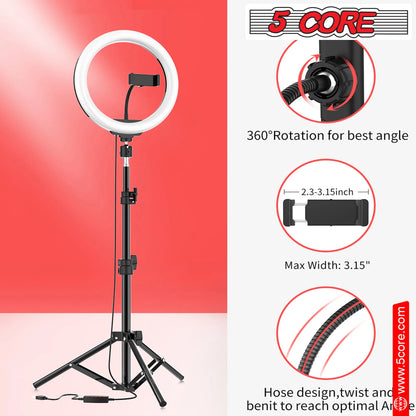 5 Core 10" Selfie Ring Light Stand • with 43" Adjustable Tripod Stand & Phone Holder • 3 Color Mode