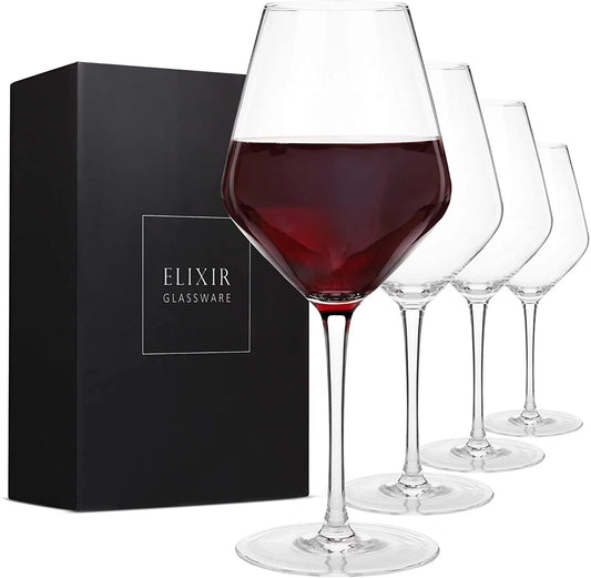Red Wine Glasses - Set of 4 Hand Blown Large Wine Glasses - Long Stem Wine Glasses, Premium Crystal - 22Oz, Clear