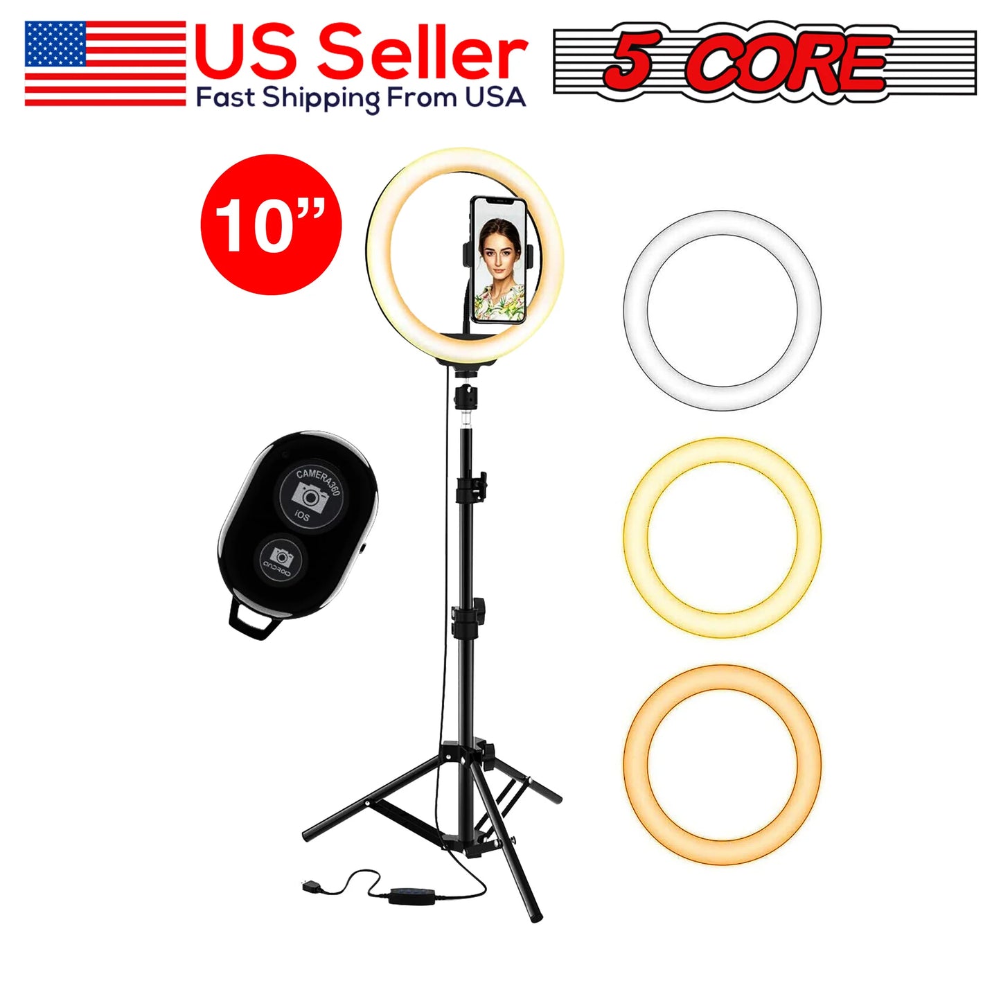 5 Core 10" Selfie Ring Light Stand • with 43" Adjustable Tripod Stand & Phone Holder • 3 Color Mode