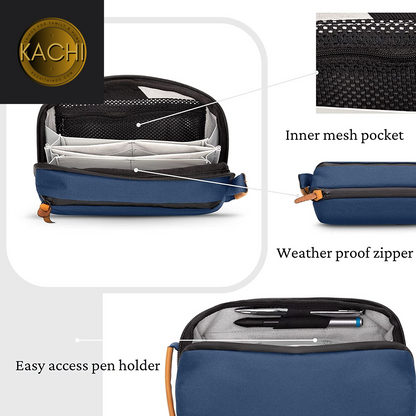 Tech Bag Organizer - Small Electronics Organizer Pouch for Travel - Premium Travel Case with Leather Accents - Mesh Pocket for Cables, Cords and Chargers (Navy)