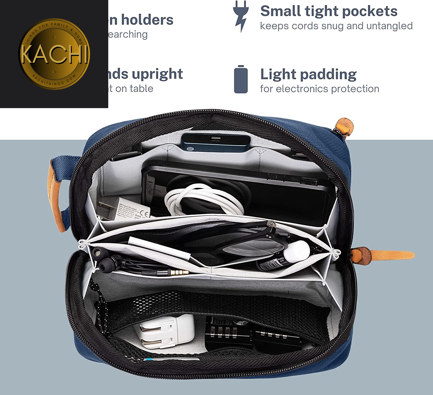 Tech Bag Organizer - Small Electronics Organizer Pouch for Travel - Premium Travel Case with Leather Accents - Mesh Pocket for Cables, Cords and Chargers (Navy)