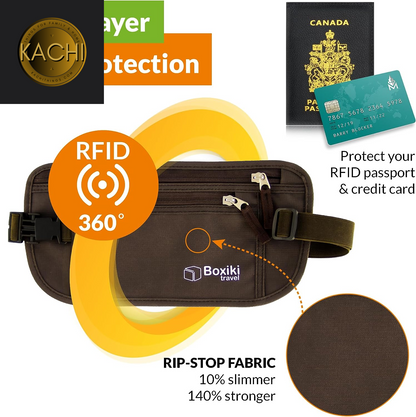 Money Belt - RFID Blocking Money Belt and Safe Waist Bag, Secure Fanny Pack for Men and Women, Fits Passport, Wallet, Phone and Personal Items. Running Belt, Waist Pack (Brown)