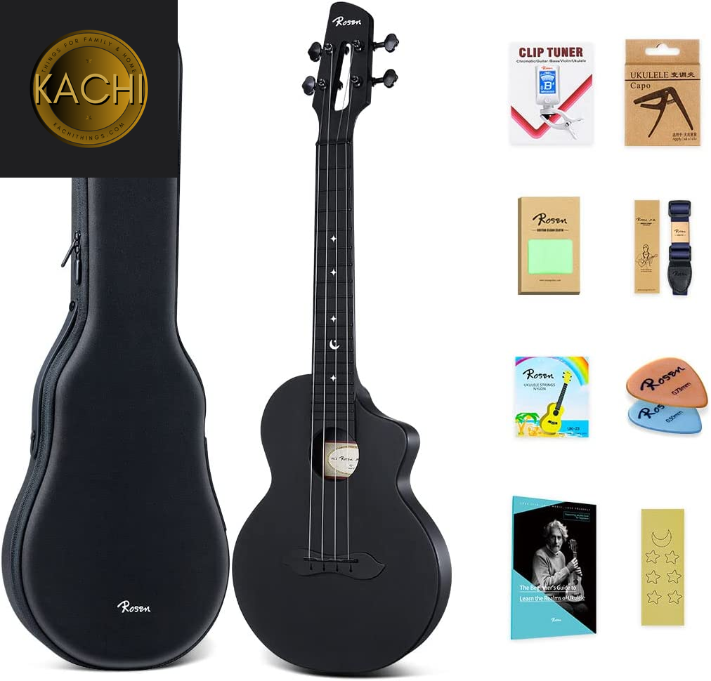 Concert Ukulele Nova 23 Inch Carbon Fiber Travel Ukelele for Adult Kids Beginners Kit Includes Book, Case, Strap, Capo, Pick, Strings and Cleaning Cloth, Black