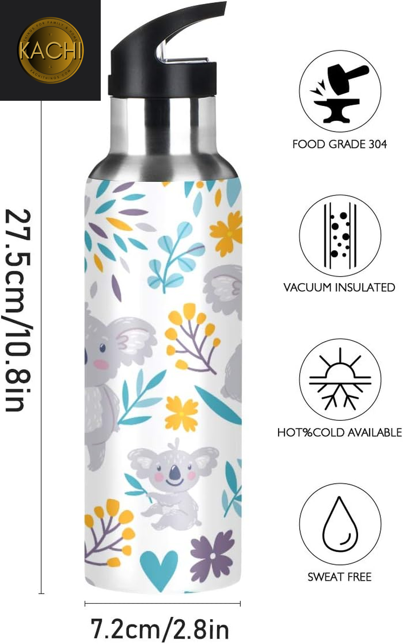 Cute Koala Bears Water Bottle 22Oz Double Wall Vacuum Insulated Leak Proof Stainless Steel Sports Water Bottle with Straw and Easy to Carry