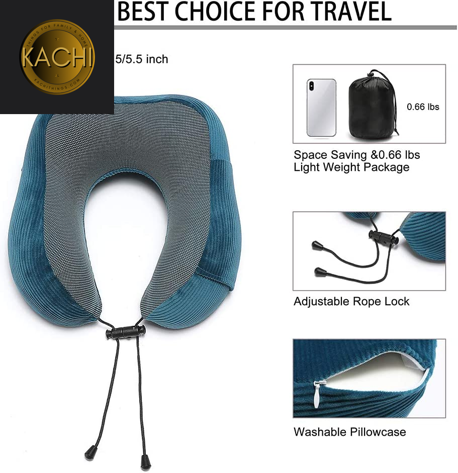 Memory Foam Neck Pillow with 360-Degree Head Support Lightweight Comfortable Travel Airplane Pillow with Storage Bag for Sleeping, Traveling,Car, Train, Bus and Home Use(Blue)