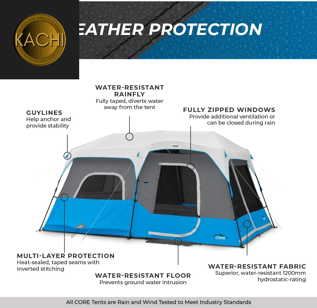 Instant Tent with LED Lights | Portable Large Family Cabin Multi Room Tents for Camping | Lighted Pop up Camping Tent | 6 Person / 9 Person / 10 Person / 12 Person Tents for Camping