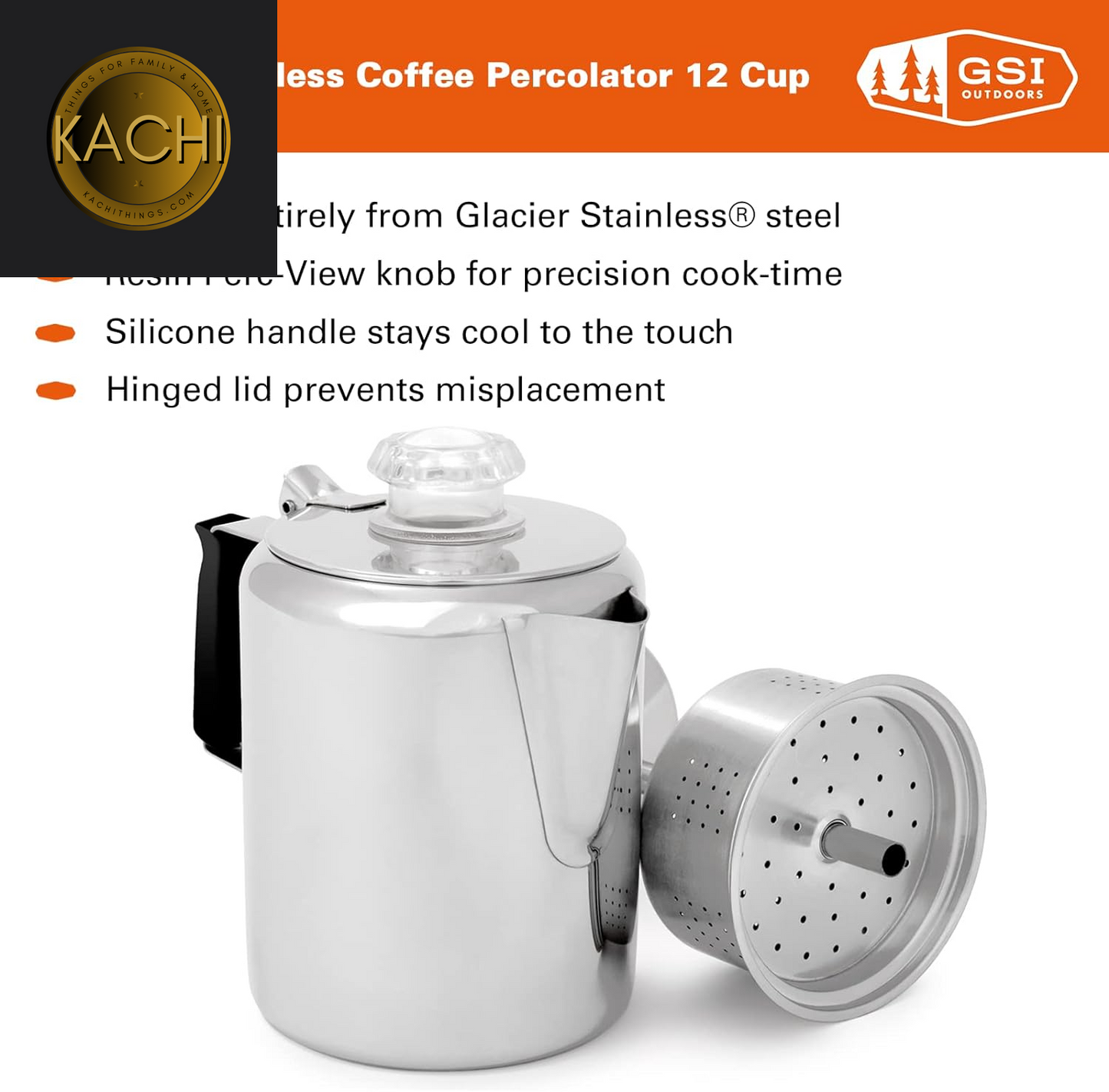 Percolator Coffee Pot I Glacier Stainless Steel with Silicone Handle for Camping, Backpacking, Travel, RV & Hunting - Stove Safe