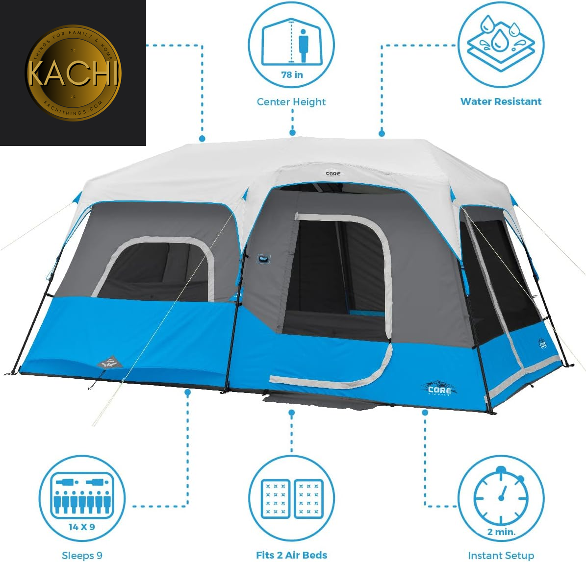 Instant Tent with LED Lights | Portable Large Family Cabin Multi Room Tents for Camping | Lighted Pop up Camping Tent | 6 Person / 9 Person / 10 Person / 12 Person Tents for Camping