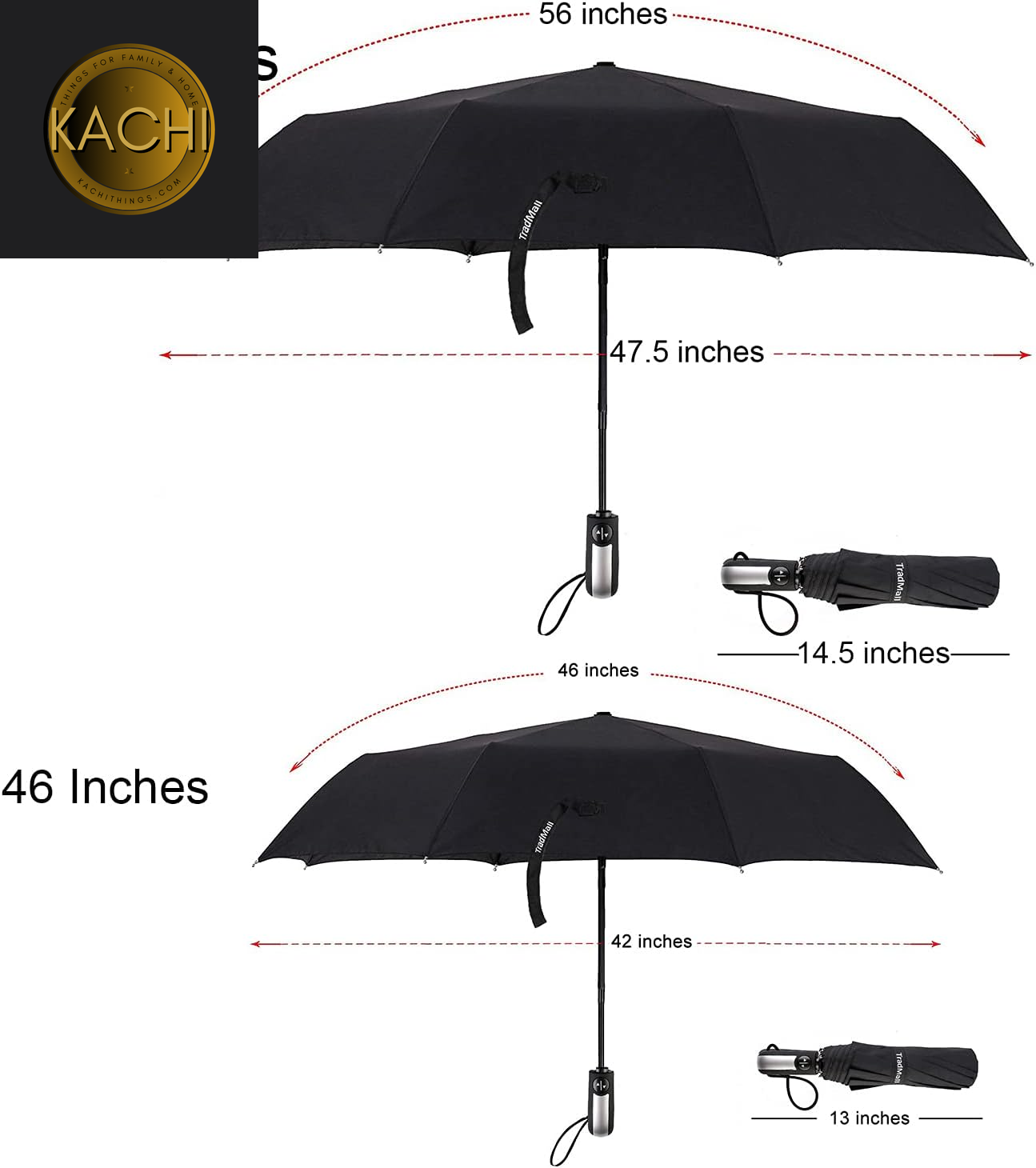 2 Pack Travel Umbrella Windproof 46/56 Inches Large Canopy Reinforced Fiberglass Ribs Auto Open & Close