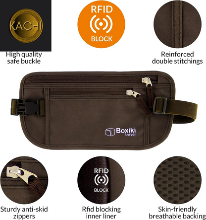 Money Belt - RFID Blocking Money Belt and Safe Waist Bag, Secure Fanny Pack for Men and Women, Fits Passport, Wallet, Phone and Personal Items. Running Belt, Waist Pack (Brown)